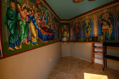 Chapel interior with wide view of Byzantine murals